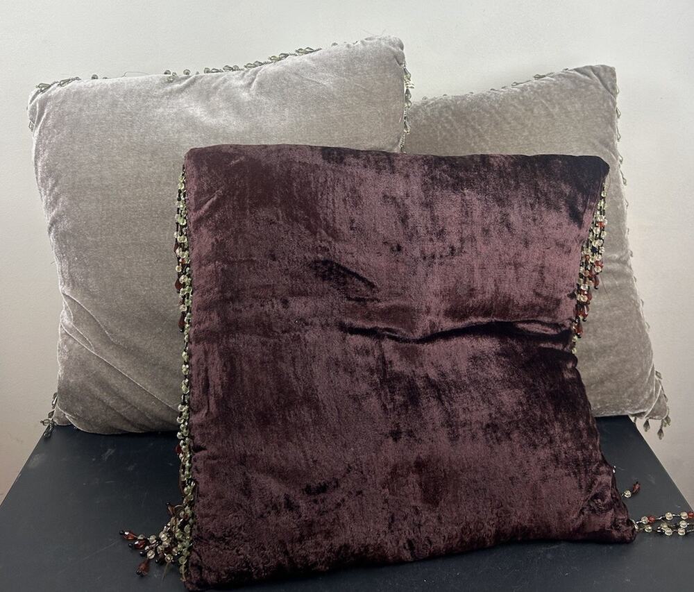 Lot of 3 Throw Pillows Muted Green Velvet Dark Red Fringe Beaded Tassels Boho